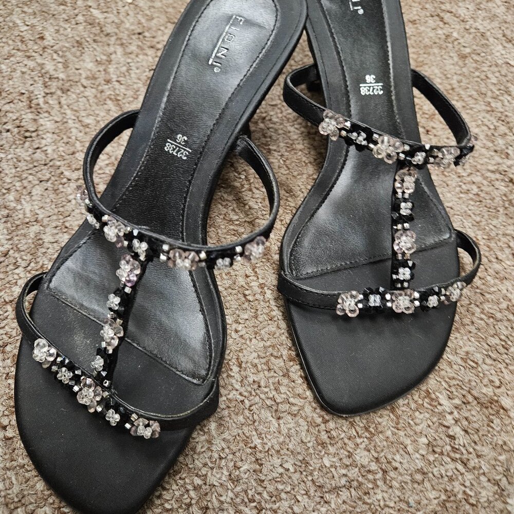 FIONI black dressy strap sandal heel: 7 wide